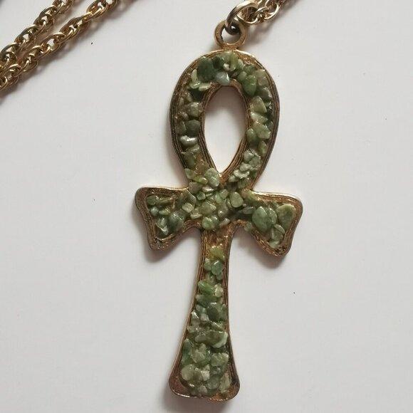 Faux Jade Stone Golden Egyptian Ankh Cross Pendant Necklace Vintage Chunky - Picture 3 of 8